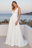 Ivory Chiffon V Neck A Line Sweep Train Boho Wedding Dress with Slit
