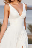 Ivory Chiffon V Neck A Line Sweep Train Boho Wedding Dress with Slit