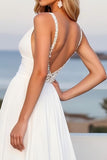 Ivory Chiffon V Neck A Line Sweep Train Boho Wedding Dress with Slit