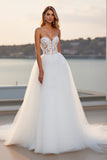 Ivory Lace Strapless A Line Tulle Sweep Train Boho Wedding Dress