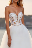 Ivory Lace Strapless A Line Tulle Sweep Train Boho Wedding Dress