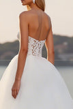 Ivory Lace Strapless A Line Tulle Sweep Train Boho Wedding Dress