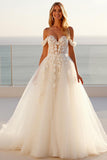 Ivory Off The Shoulder Tulle A Line Sweep Train Boho Wedding Dress with Lace