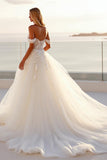 Ivory Off The Shoulder Tulle A Line Sweep Train Boho Wedding Dress with Lace