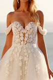Ivory Off The Shoulder Tulle A Line Sweep Train Boho Wedding Dress with Lace