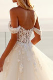 Ivory Off The Shoulder Tulle A Line Sweep Train Boho Wedding Dress with Lace