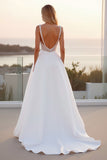 Ivory Spaghetti Straps Lace A Line Crepe Sweep Train Boho Wedding Dress