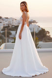 Ivory Spaghetti Straps Lace A Line Crepe Sweep Train Boho Wedding Dress