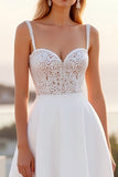 Ivory Spaghetti Straps Lace A Line Crepe Sweep Train Boho Wedding Dress
