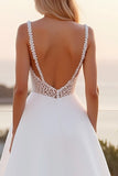 Ivory Spaghetti Straps Lace A Line Crepe Sweep Train Boho Wedding Dress