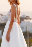 Ivory Spaghetti Straps Lace A Line Crepe Sweep Train Boho Wedding Dress