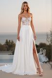 Ivory Strapless A Line Sweep Train Boho Wedding Dress With Slit