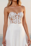 Ivory Strapless A Line Sweep Train Boho Wedding Dress With Slit