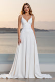 Ivory Crepe Spaghetti Straps A Line Sweep Train Boho Wedding Dress
