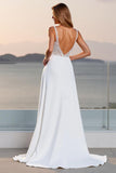 Ivory Crepe Spaghetti Straps A Line Sweep Train Boho Wedding Dress