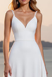 Ivory Crepe Spaghetti Straps A Line Sweep Train Boho Wedding Dress