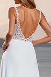 Ivory Crepe Spaghetti Straps A Line Sweep Train Boho Wedding Dress