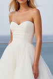 Ivory Strapless A Line Sweep Train Tulle Boho Wedding Dress