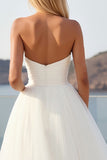 Ivory Strapless A Line Sweep Train Tulle Boho Wedding Dress