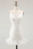 Sparkly White Bodycon V Neck Sequin Ruffled Short Graduation Dress