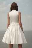 White Satin A Line High Neck Ruffled Short Graduation Dress