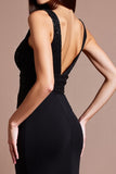 Sparkly Black V Neck Sequin Long Formal Dress with Slit
