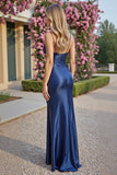 Navy Satin Spaghetti Straps Long Sheath Ruched Formal Dress with Slit