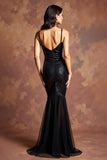 Sparkly Black Spaghetti Straps Mermaid Long Formal Dress with Slit