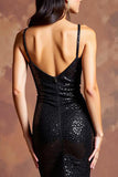 Sparkly Black Spaghetti Straps Mermaid Long Formal Dress with Slit
