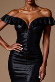 Sparkly Black Sequins Off the Shoulder Long Formal Dress with Slit