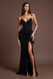 Black Chiffon Spaghetti Straps Ruffled Long Formal Dress with Slit