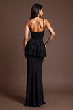 Black Chiffon Spaghetti Straps Ruffled Long Formal Dress with Slit