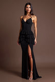 Black Chiffon Spaghetti Straps Ruffled Long Formal Dress with Slit