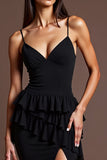 Black Chiffon Spaghetti Straps Ruffled Long Formal Dress with Slit