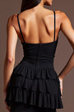 Black Chiffon Spaghetti Straps Ruffled Long Formal Dress with Slit