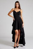 Black Crepe Spaghetti Straps High-Low A Line Formal Dress