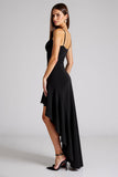 Black Crepe Spaghetti Straps High-Low A Line Formal Dress