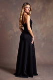 Black Satin Spaghetti Straps Long A Line Formal Dress with Slit