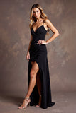 Black Satin Spaghetti Straps Long A Line Formal Dress with Slit