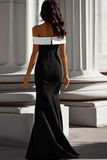 Black White Crepe Mermaid Off the Shoulder Long Formal Dress