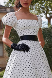 White Square Neck A Line Long Wedding Guest Dress with Black Dots