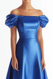 Royal Blue Satin Off The Shoulder Long A Line Formal Dress