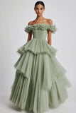 Dusty Sage Tulle Off The Shoulder Ball Gown Prom Dress with Ruffles