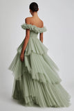 Dusty Sage Tulle Off The Shoulder Ball Gown Prom Dress with Ruffles