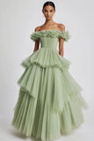 Black Tulle Off The Shoulder Ball Gown Long Formal Dress with Ruffles