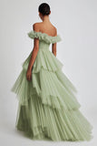 Black Tulle Off The Shoulder Ball Gown Long Formal Dress with Ruffles