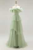 Black Tulle Off The Shoulder Ball Gown Long Formal Dress with Ruffles