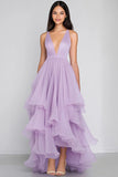 Lilac Organza V-Neck Long Ball Gown Tiered Formal Dress with Ruffles