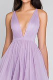Lilac Organza V-Neck Long Ball Gown Tiered Formal Dress with Ruffles
