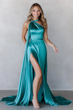 Peacock Blue Satin Halter Long Sheath Formal Dress with Slit